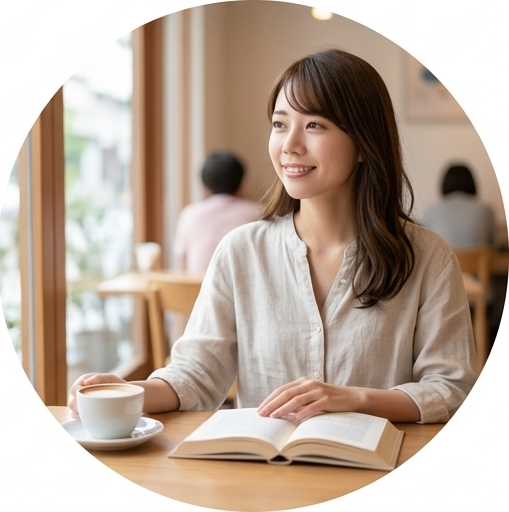 休日のカフェで一人くつろぐ30代の女性の写真。今の生活を大切にしたい - はなまるプロ