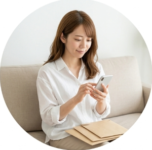 スマホでデジタルパンフレットを見る女性の写真。すぐ見られて郵送は無記名の封筒 - はなまるプロ