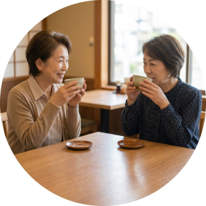 テーブルをはさんで穏やかに話す60代の親同士の写真。相手のご家庭がわかる - はなまるプロ