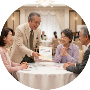 ホテルの会場でプロフィールを見せ合う親御さんたちの写真。親の会の交流会 - はなまるプロ