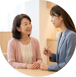 結婚相談所のカウンセラーの話を聞く60代の母親の写真。相談所の親向けサービス - はなまるプロ
