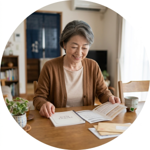 自宅のテーブルで届いた資料を広げる60代の母親の写真。親だけで資料を取り寄せる - はなまるプロ