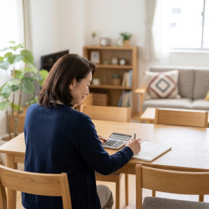 電卓とノートで家計を確かめる母親の写真。入会金や成婚料など、費用の一部だけ出す - はなまるプロ