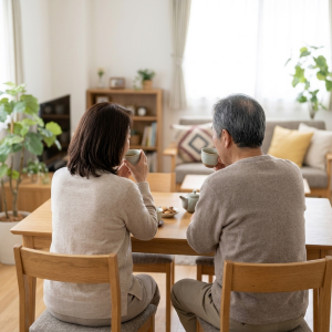 ダイニングでお茶を飲みながら話す夫婦の後ろ姿の写真。お金は出さずに、気持ちと情報で応援する - はなまるプロ
