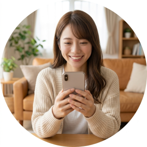 自宅のリビングでスマホのビデオ通話で相談する30代女性の写真。店舗がないオンライン型 - はなまるプロ