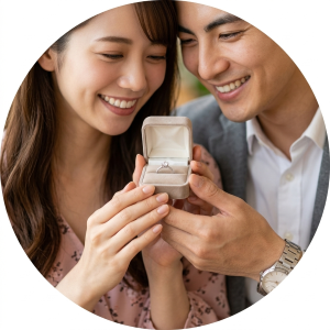 婚約指輪を手に笑顔の30代カップルの写真。成婚料の違い - はなまるプロ