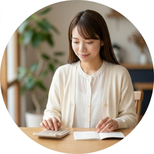 カレンダーと電卓で毎月の費用を確認する30代女性の写真。月会費の違い - はなまるプロ