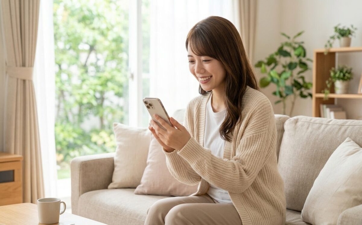 自宅でスマホのビデオ通話でカウンセラーに相談する30代女性｜ウェルスマ 無料オンライン相談 - はなまるプロ