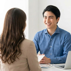 カウンセラーと笑顔で話す30代男性の写真。お断りや日程調整を担当カウンセラーに任せられる - はなまるプロ